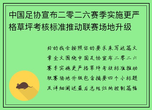 中国足协宣布二零二六赛季实施更严格草坪考核标准推动联赛场地升级