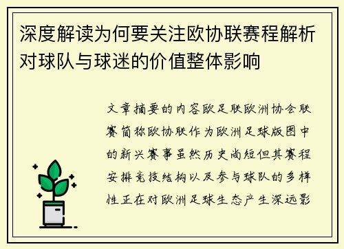 深度解读为何要关注欧协联赛程解析对球队与球迷的价值整体影响 深度解读为何要关注欧协联赛程解析对球队与球迷的价值整体影响